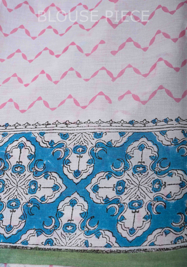 White Pink Floral Bagru Handblock Printed Mul Cotton Saree