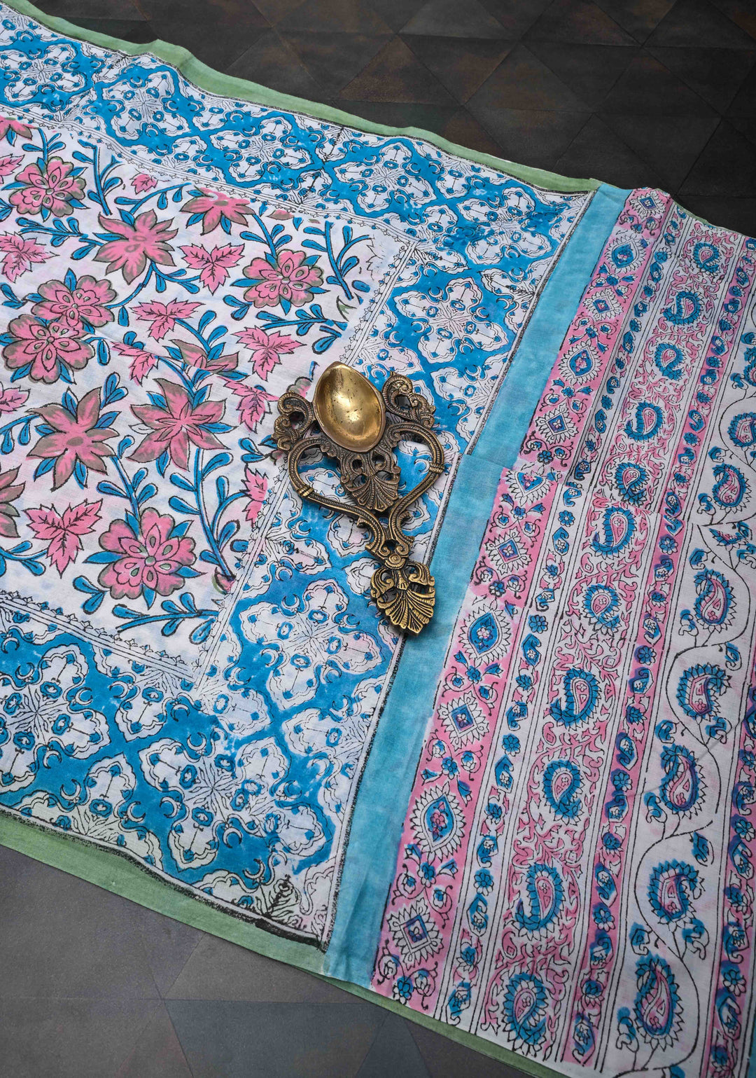 White Pink Floral Bagru Handblock Printed Mul Cotton Saree
