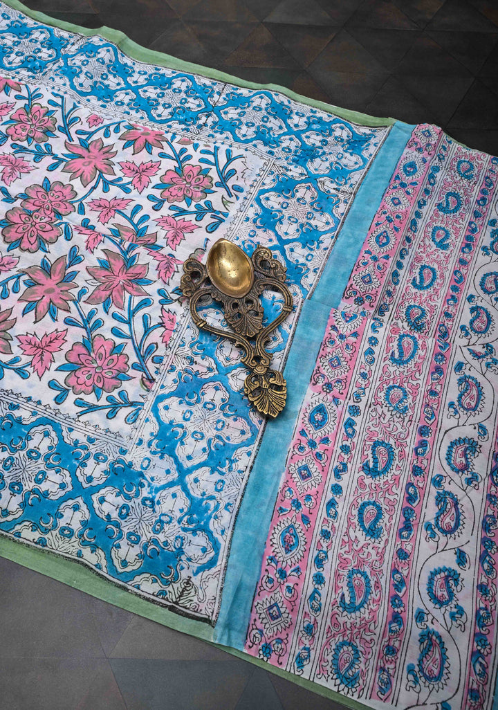 White Pink Floral Bagru Handblock Printed Mul Cotton Saree