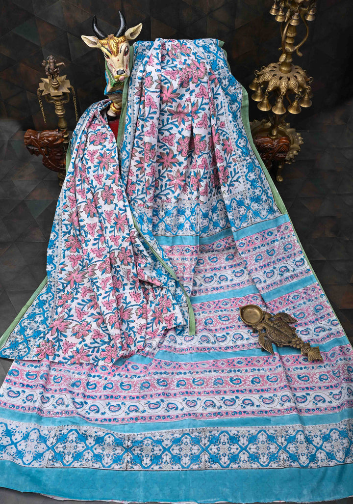 White Pink Floral Bagru Handblock Printed Mul Cotton Saree
