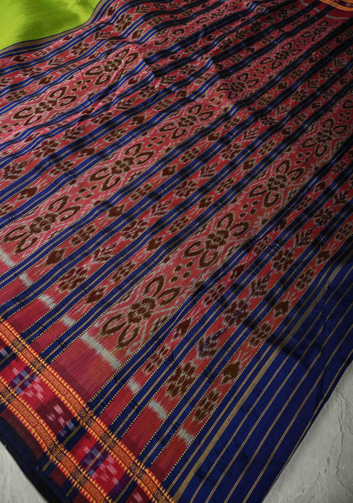 Parrot Green Odisha Ikkat Silk Khandua Saree with Contrast Ganga Jamuna Border, No Blouse Piece | SILK MARK CERTIFIED