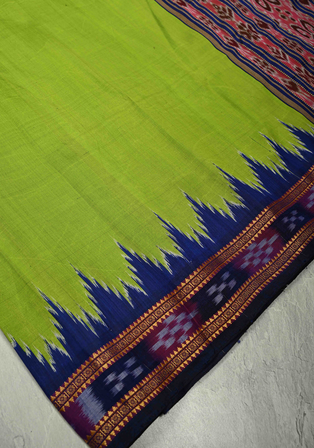 Parrot Green Odisha Ikkat Silk Khandua Saree with Contrast Ganga Jamuna Border, No Blouse Piece | SILK MARK CERTIFIED