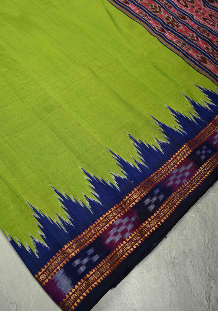 Parrot Green Odisha Ikkat Silk Khandua Saree with Contrast Ganga Jamuna Border, No Blouse Piece | SILK MARK CERTIFIED
