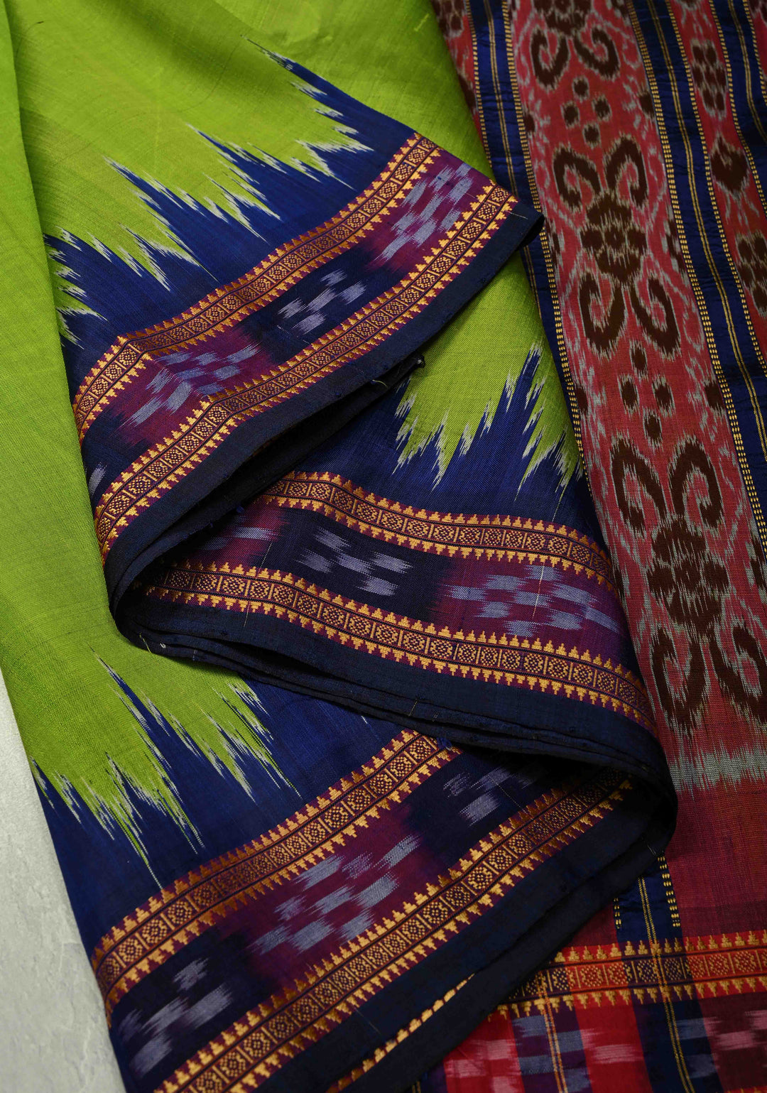 Parrot Green Odisha Ikkat Silk Khandua Saree with Contrast Ganga Jamuna Border, No Blouse Piece | SILK MARK CERTIFIED