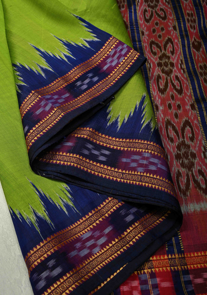 Parrot Green Odisha Ikkat Silk Khandua Saree with Contrast Ganga Jamuna Border, No Blouse Piece | SILK MARK CERTIFIED