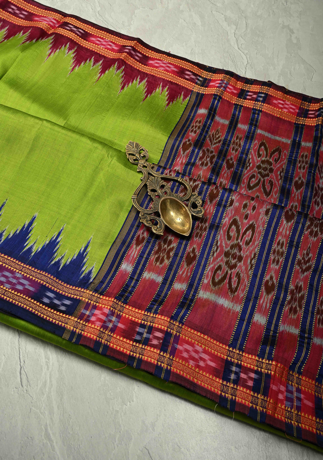 Parrot Green Odisha Ikkat Silk Khandua Saree with Contrast Ganga Jamuna Border, No Blouse Piece | SILK MARK CERTIFIED