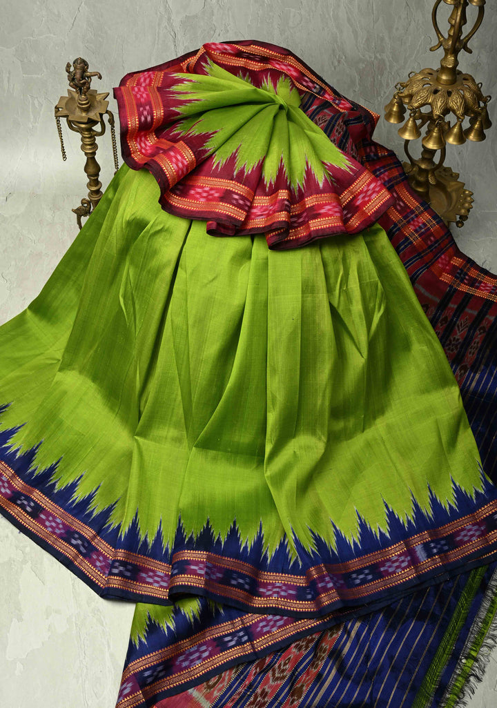 Parrot Green Odisha Ikkat Silk Khandua Saree with Contrast Ganga Jamuna Border, No Blouse Piece | SILK MARK CERTIFIED
