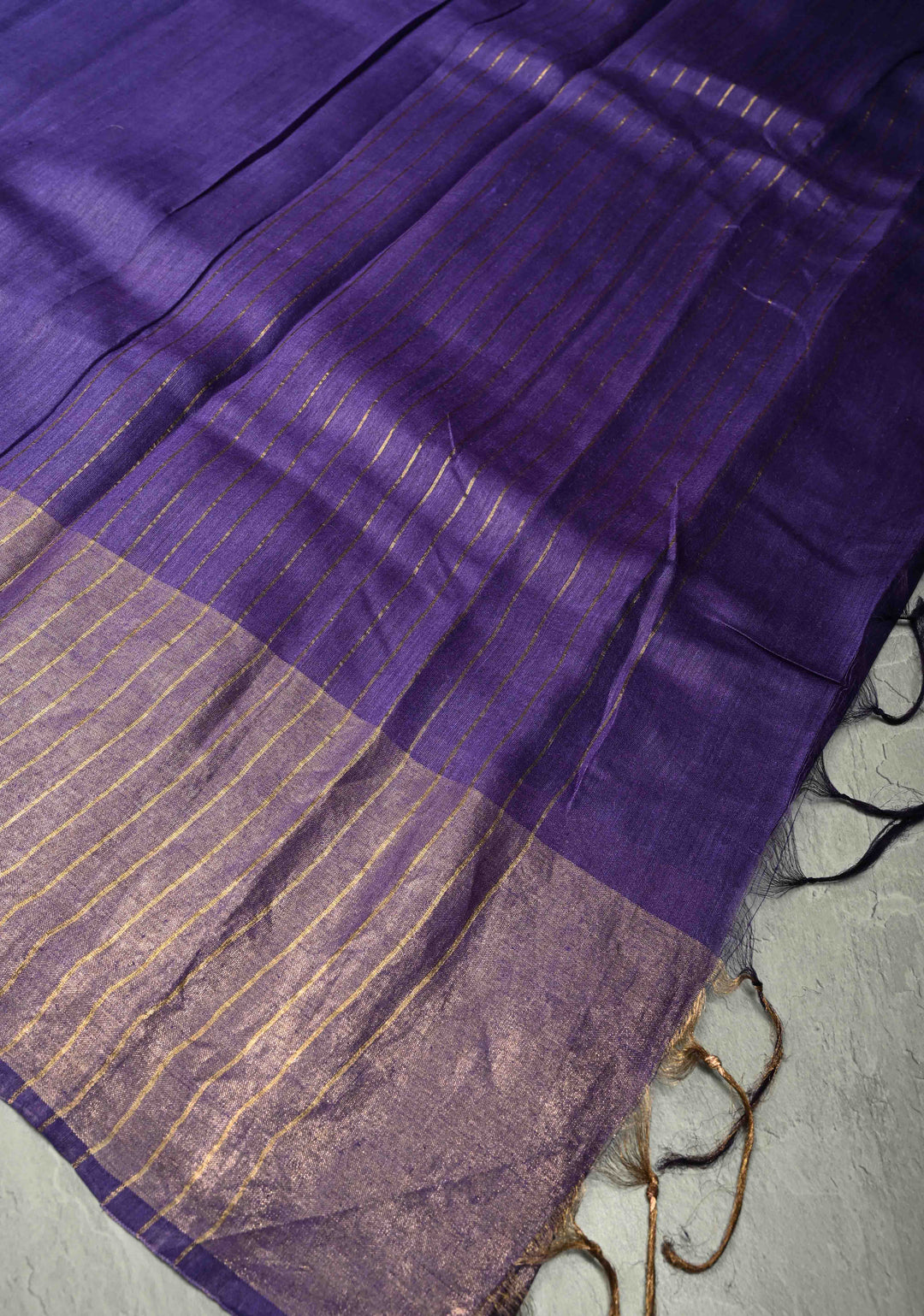 Deep Purple Bhagalpur Tussar Handwoven Silk Saree with Muted Zari Border | SILK MARK CERTIFIED