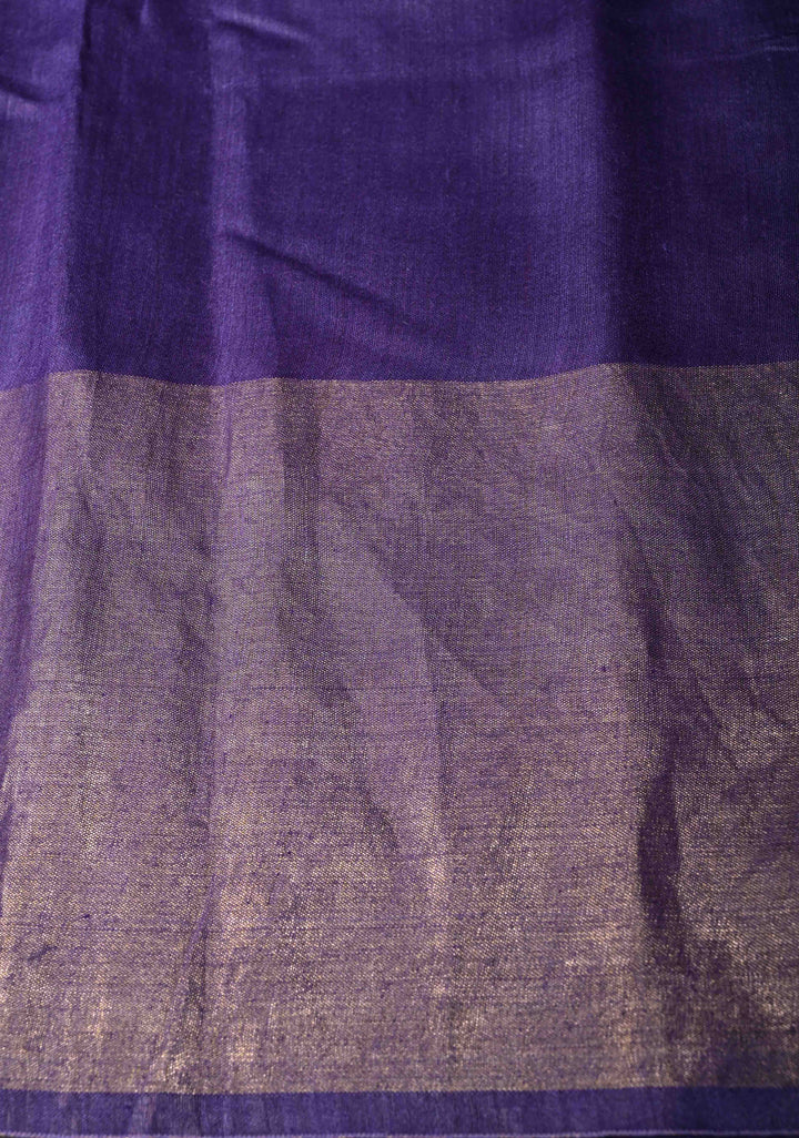 Deep Purple Bhagalpur Tussar Handwoven Silk Saree with Muted Zari Border | SILK MARK CERTIFIED