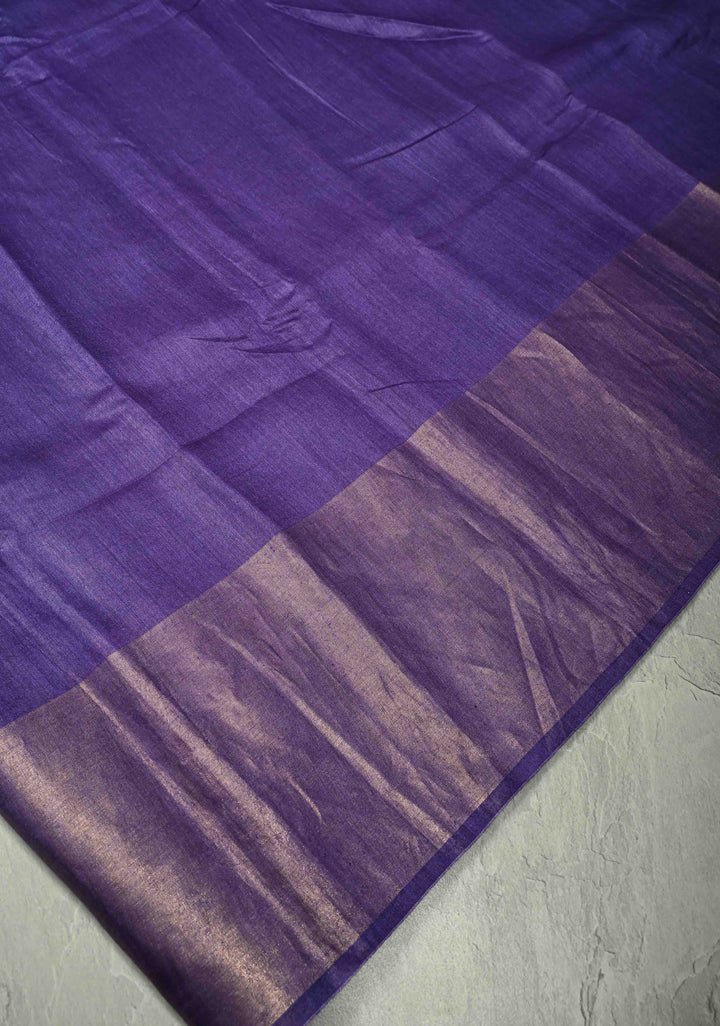 Deep Purple Bhagalpur Tussar Handwoven Silk Saree with Muted Zari Border | SILK MARK CERTIFIED