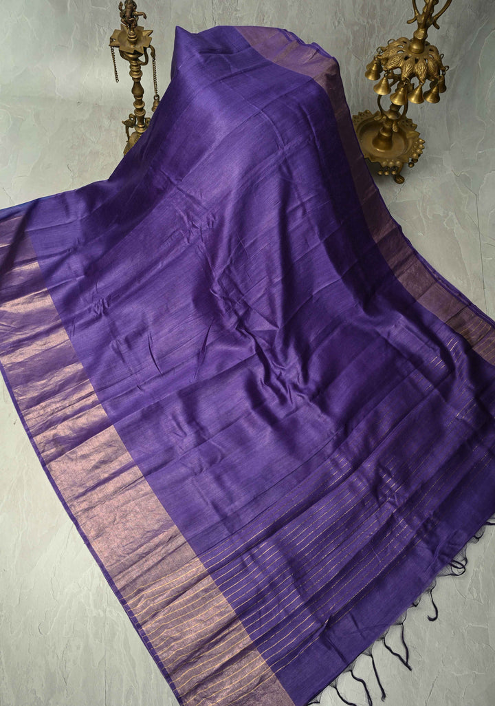 Deep Purple Bhagalpur Tussar Handwoven Silk Saree with Muted Zari Border | SILK MARK CERTIFIED