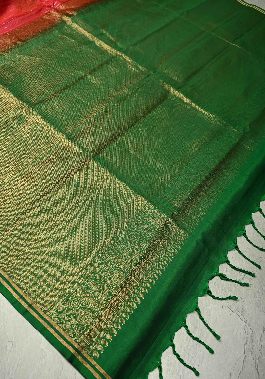 Pink Dual tone Zari Buttas on Molkalmuru Kanjivaram Soft Silk Saree with Gold-Silver Stripes and Green Pallu | SILK MARK CERTIFIED