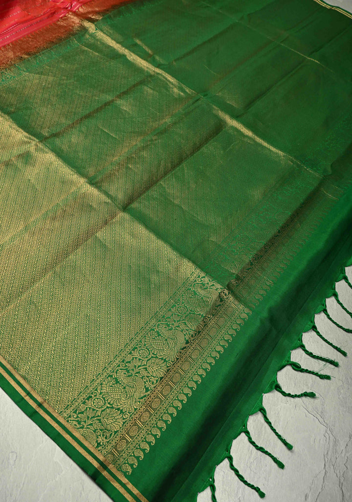 Pink Dual tone Zari Buttas on Molkalmuru Kanjivaram Soft Silk Saree with Gold-Silver Stripes and Green Pallu | SILK MARK CERTIFIED