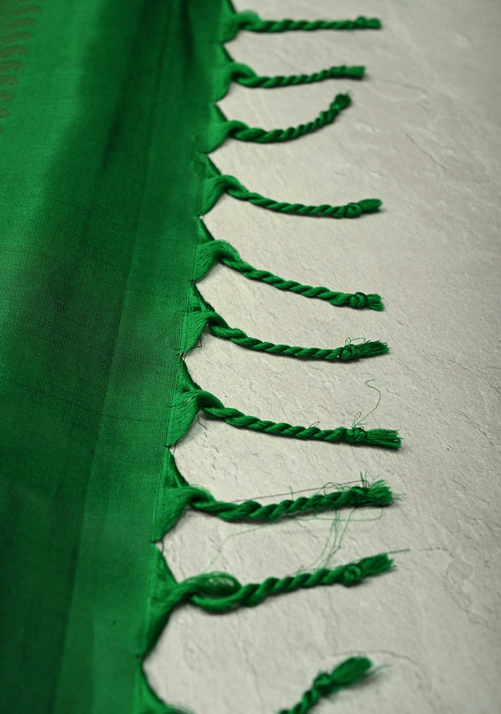 Pink Dual tone Zari Buttas on Molkalmuru Kanjivaram Soft Silk Saree with Gold-Silver Stripes and Green Pallu | SILK MARK CERTIFIED