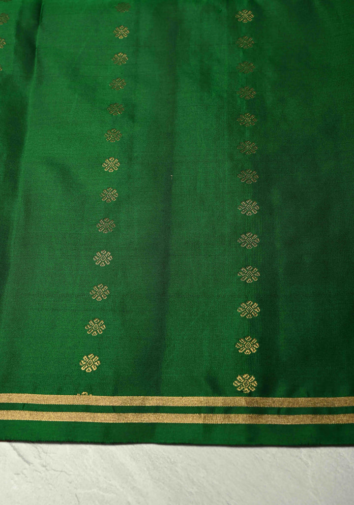 Pink Dual tone Zari Buttas on Molkalmuru Kanjivaram Soft Silk Saree with Gold-Silver Stripes and Green Pallu | SILK MARK CERTIFIED