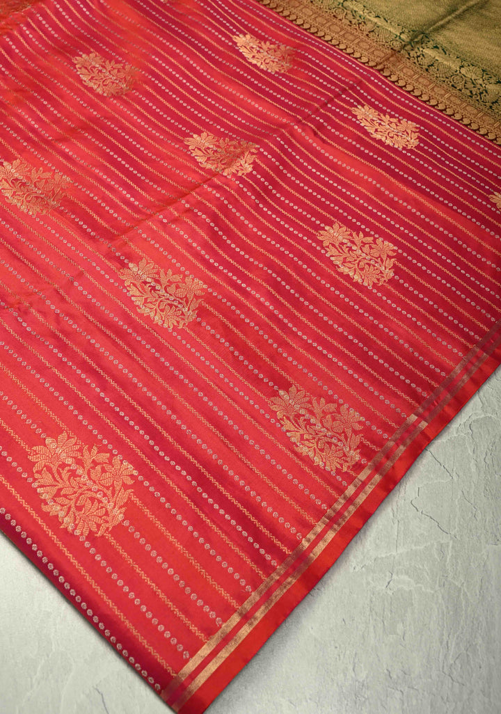 Pink Dual tone Zari Buttas on Molkalmuru Kanjivaram Soft Silk Saree with Gold-Silver Stripes and Green Pallu | SILK MARK CERTIFIED
