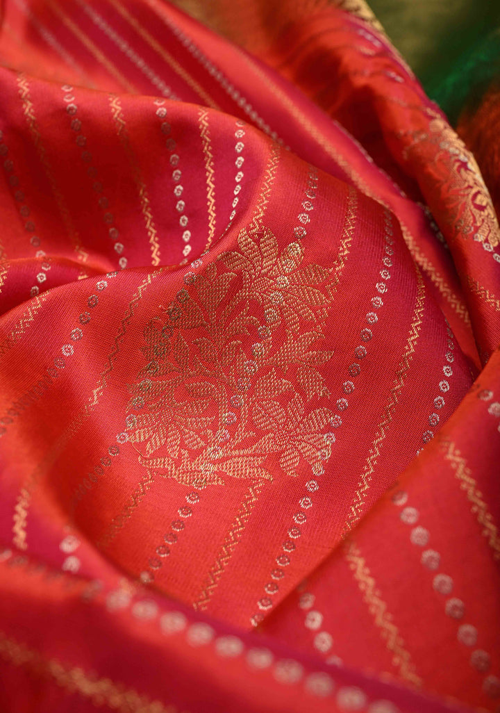 Pink Dual tone Zari Buttas on Molkalmuru Kanjivaram Soft Silk Saree with Gold-Silver Stripes and Green Pallu | SILK MARK CERTIFIED