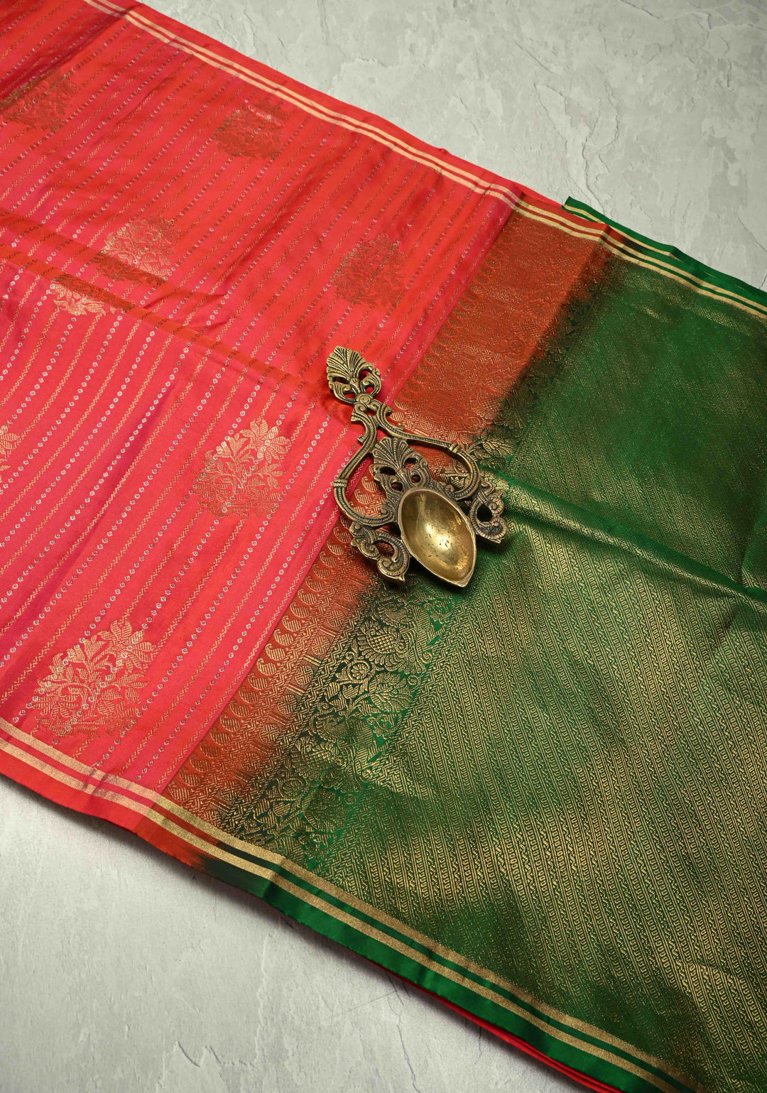 Pink Dual tone Zari Buttas on Molkalmuru Kanjivaram Soft Silk Saree with Gold-Silver Stripes and Green Pallu | SILK MARK CERTIFIED
