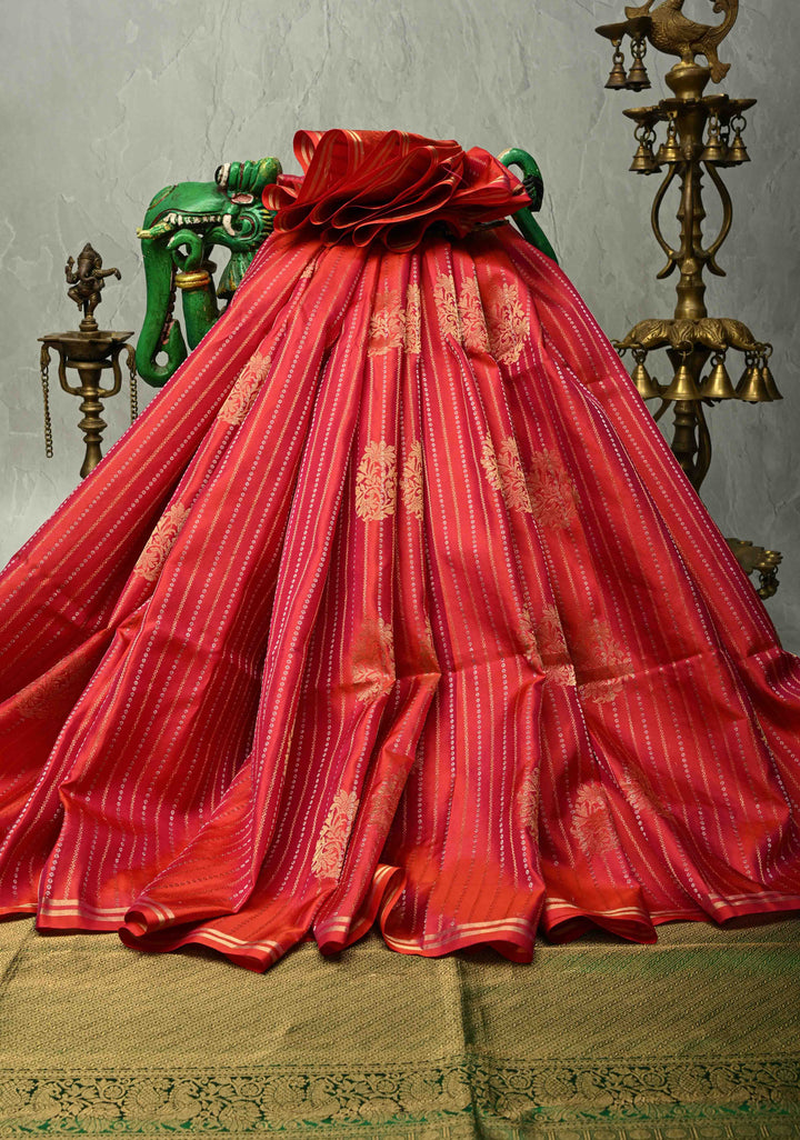 Pink Dual tone Zari Buttas on Molkalmuru Kanjivaram Soft Silk Saree with Gold-Silver Stripes and Green Pallu | SILK MARK CERTIFIED