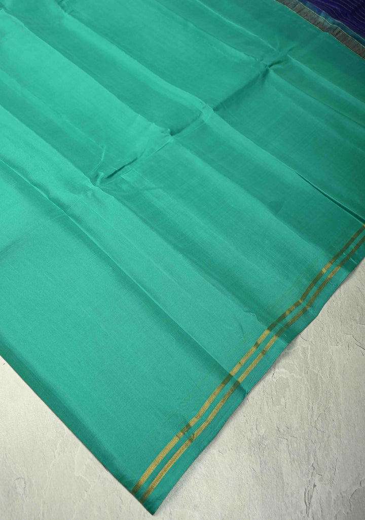 Bluish Green Color Pure Kanjivaram Soft Silk Handloom Saree Nadee with Minimal Zari Border | SILK MARK CERTIFIED