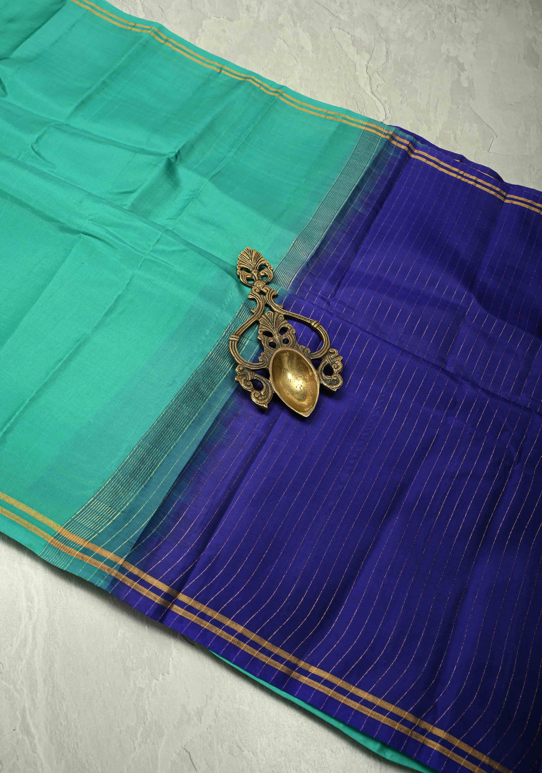 Bluish Green Color Pure Kanjivaram Soft Silk Handloom Saree Nadee with Minimal Zari Border | SILK MARK CERTIFIED