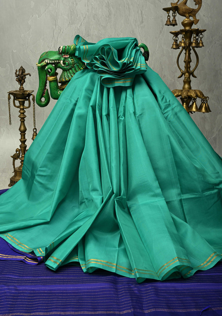 Bluish Green Color Pure Kanjivaram Soft Silk Handloom Saree Nadee with Minimal Zari Border | SILK MARK CERTIFIED