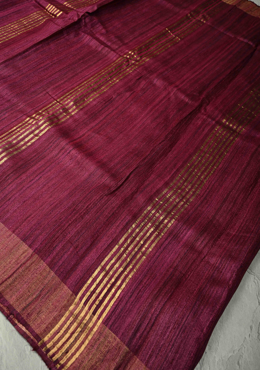 Wine Bhagalpur Tussar Handwoven Silk Saree with Muted Zari Border | SILK MARK CERTIFIED