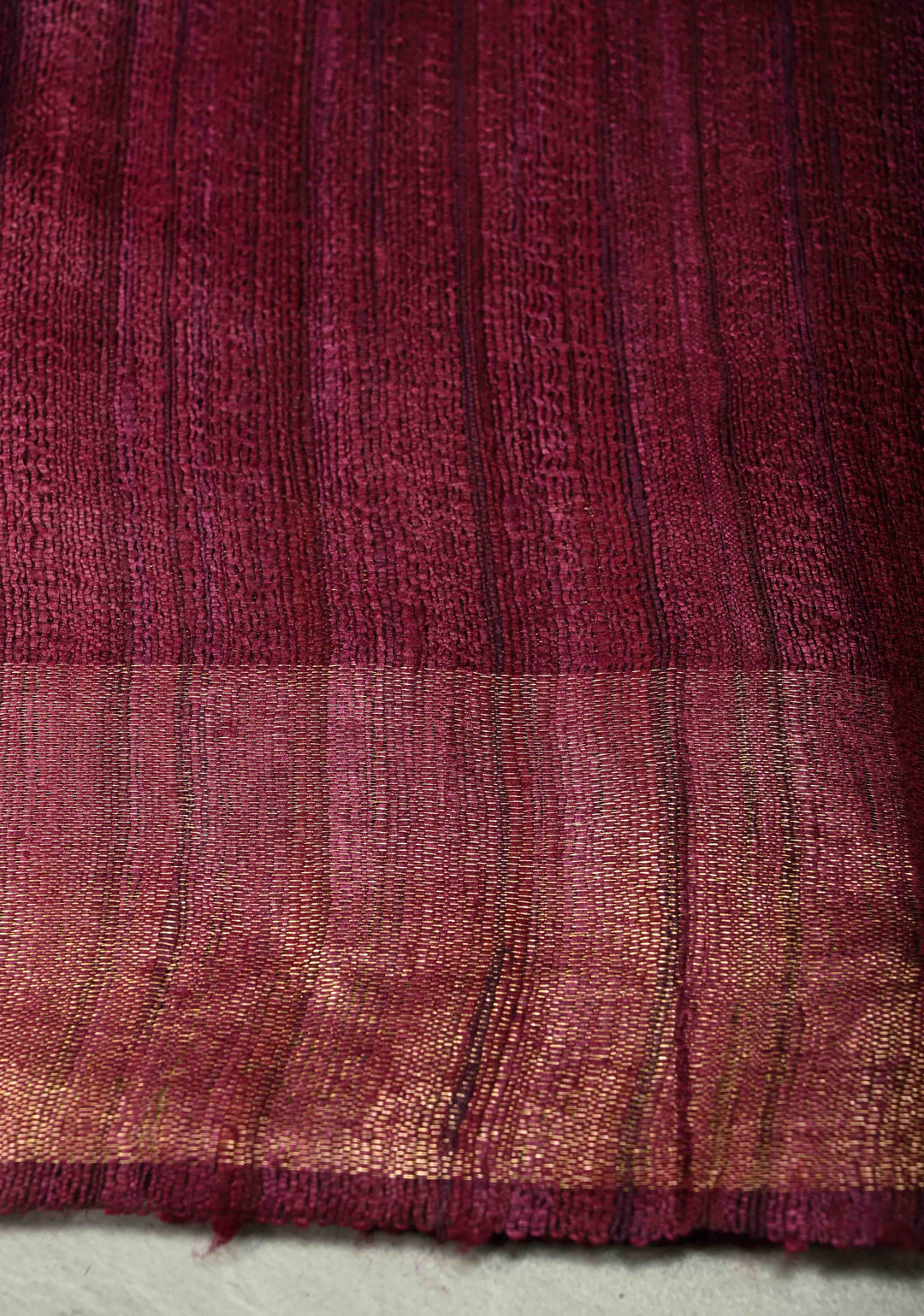 Wine Bhagalpur Tussar Handwoven Silk Saree with Muted Zari Border | SILK MARK CERTIFIED