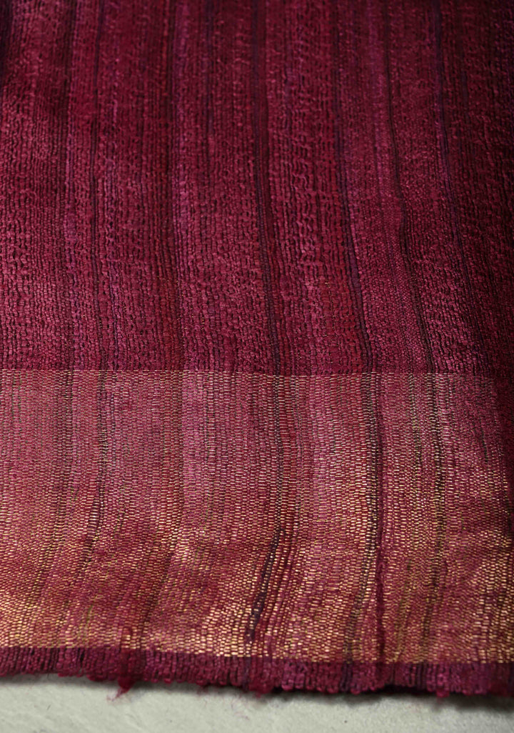 Wine Bhagalpur Tussar Handwoven Silk Saree with Muted Zari Border | SILK MARK CERTIFIED