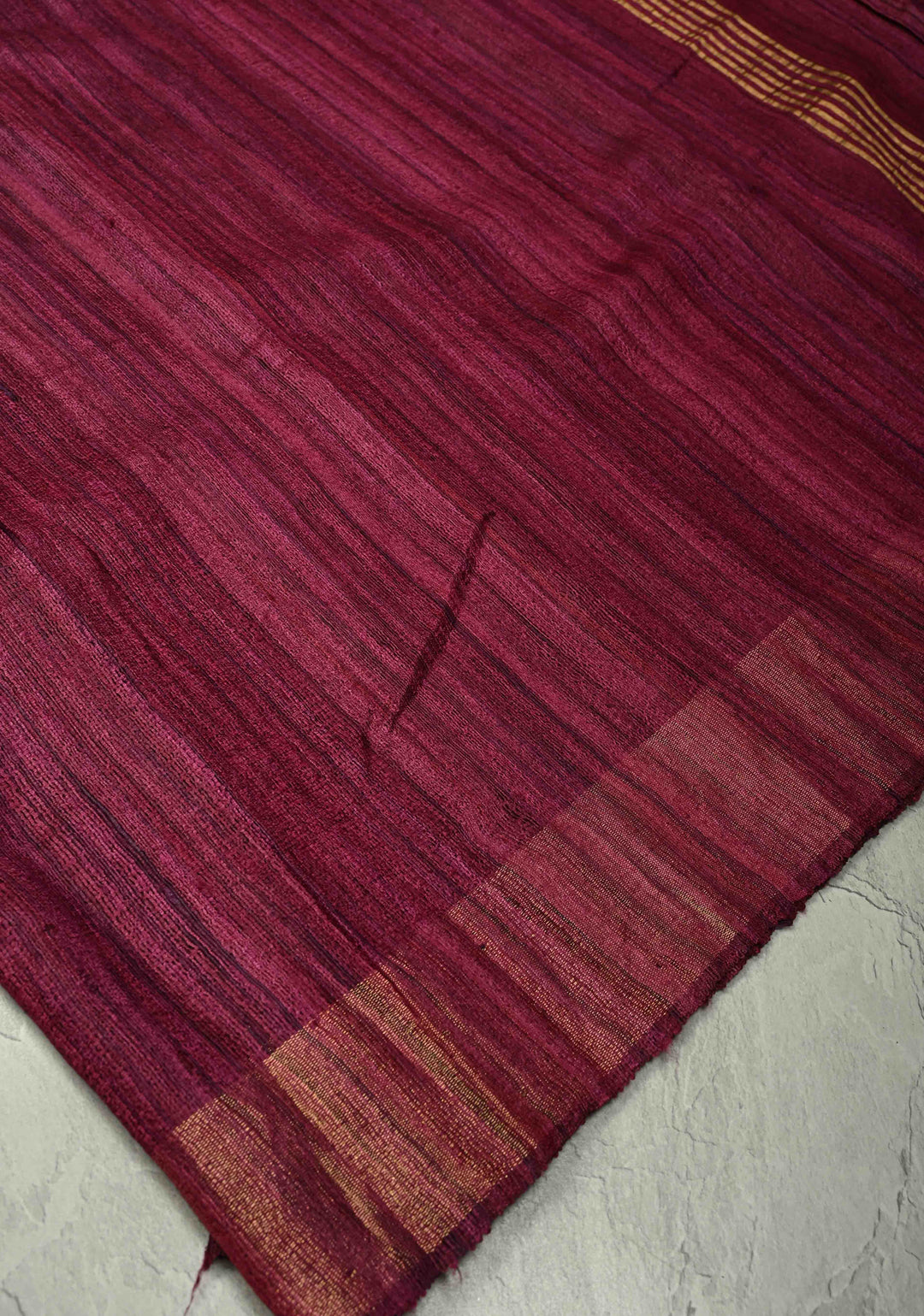 Wine Bhagalpur Tussar Handwoven Silk Saree with Muted Zari Border | SILK MARK CERTIFIED