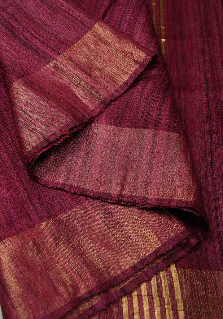 Wine Bhagalpur Tussar Handwoven Silk Saree with Muted Zari Border | SILK MARK CERTIFIED