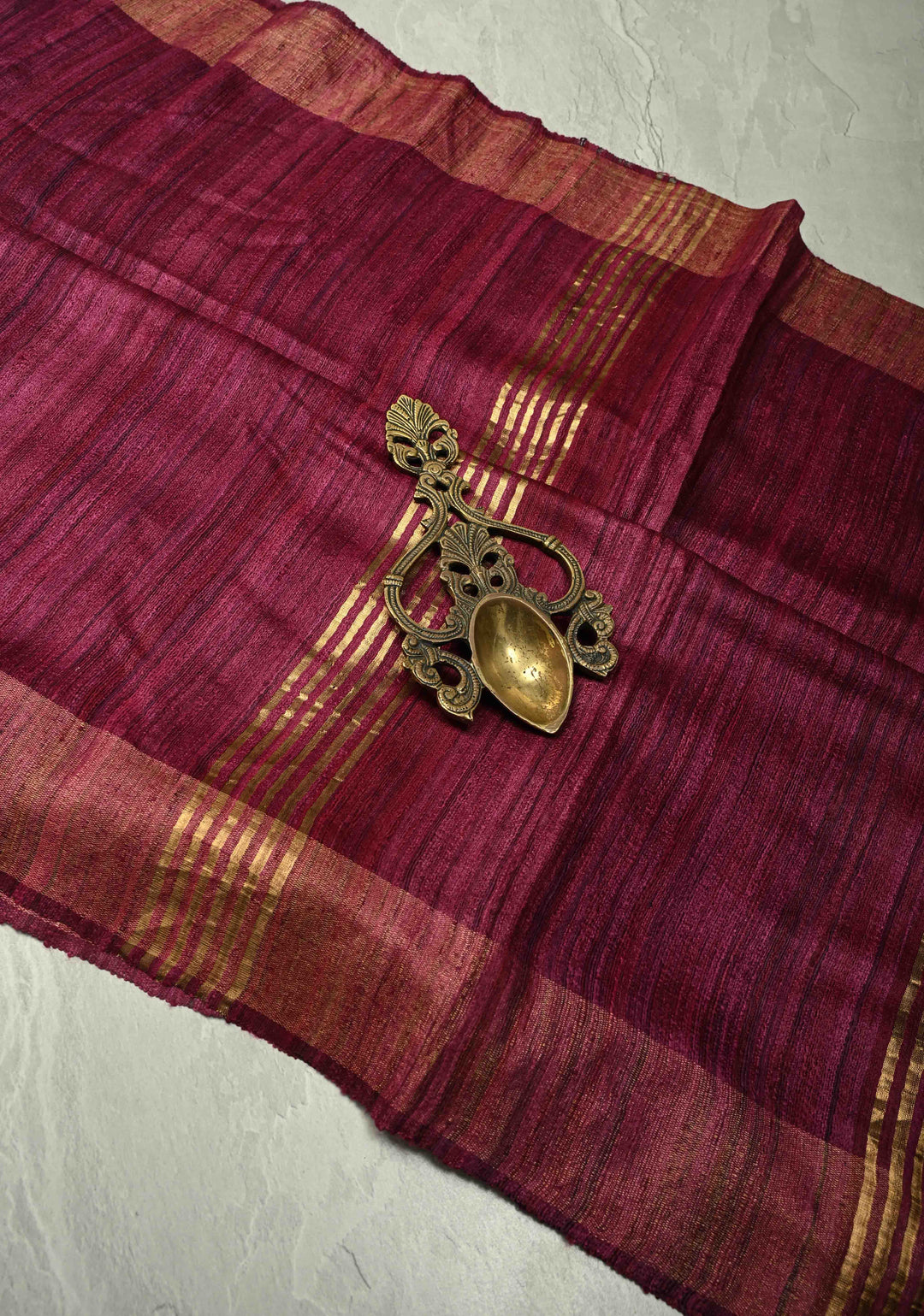 Wine Bhagalpur Tussar Handwoven Silk Saree with Muted Zari Border | SILK MARK CERTIFIED