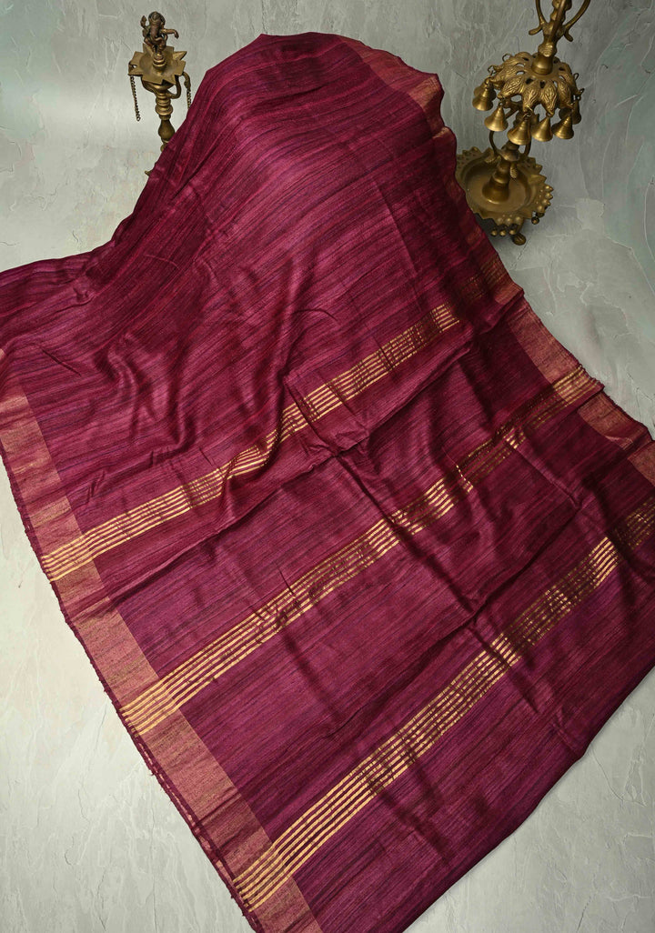 Wine Bhagalpur Tussar Handwoven Silk Saree with Muted Zari Border | SILK MARK CERTIFIED