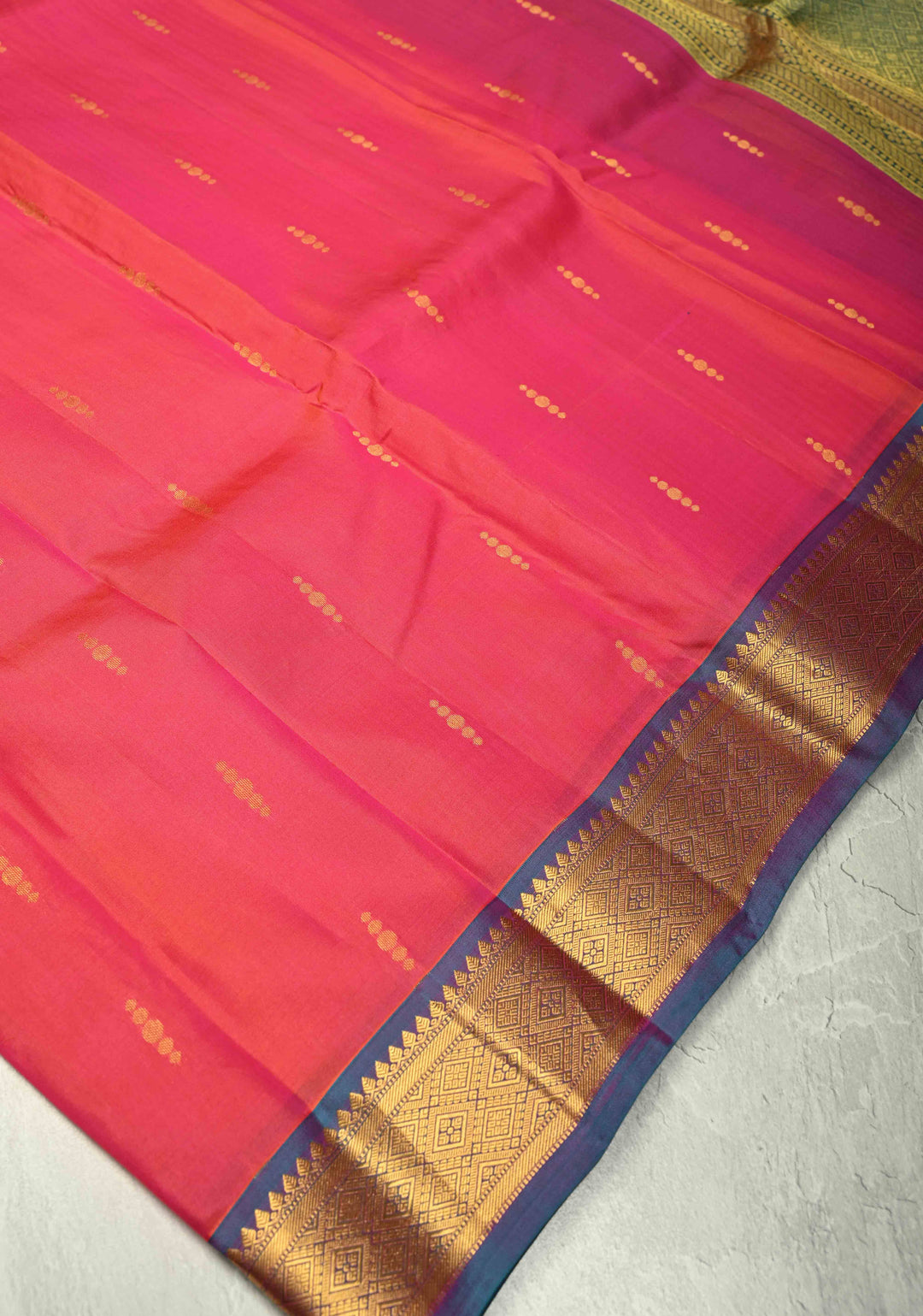 Pink Dual Tone Pure Kanjivaram Handloom Saree Ananya with Zari Buttas and Blue Zari Border| SILK MARK CERTIFIED