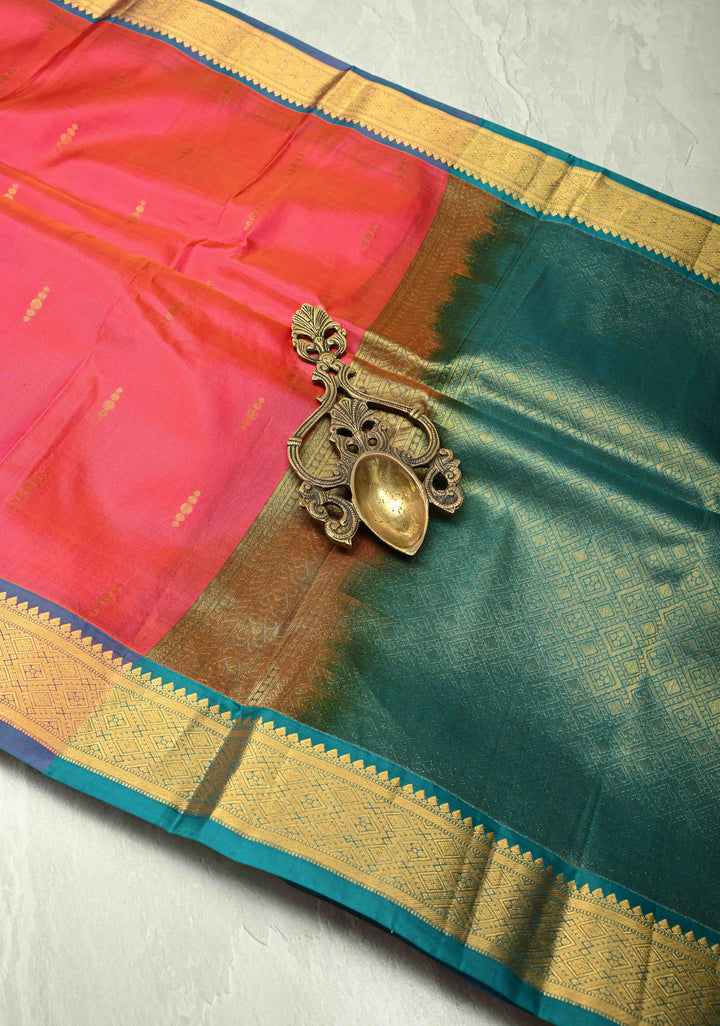Pink Dual Tone Pure Kanjivaram Handloom Saree Ananya with Zari Buttas and Blue Zari Border| SILK MARK CERTIFIED