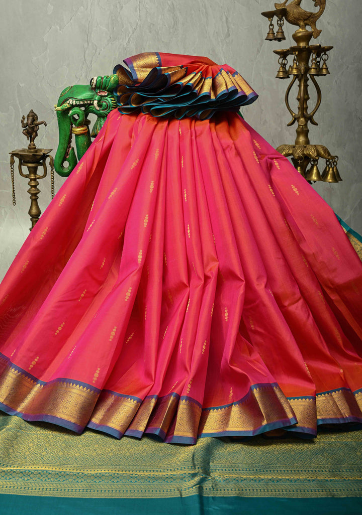 Pink Dual Tone Pure Kanjivaram Handloom Saree Ananya with Zari Buttas and Blue Zari Border| SILK MARK CERTIFIED