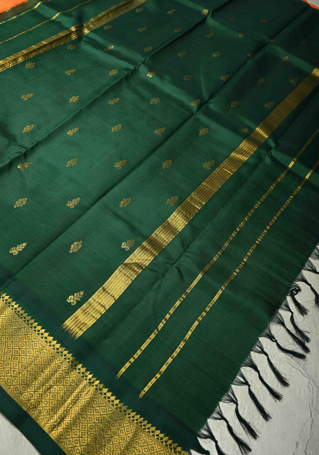 Orange Dual Tone Pure Kanjivaram Silk Saree Mambazham with Zari Buttas and Zari Border | SILK MARK CERTIFIED