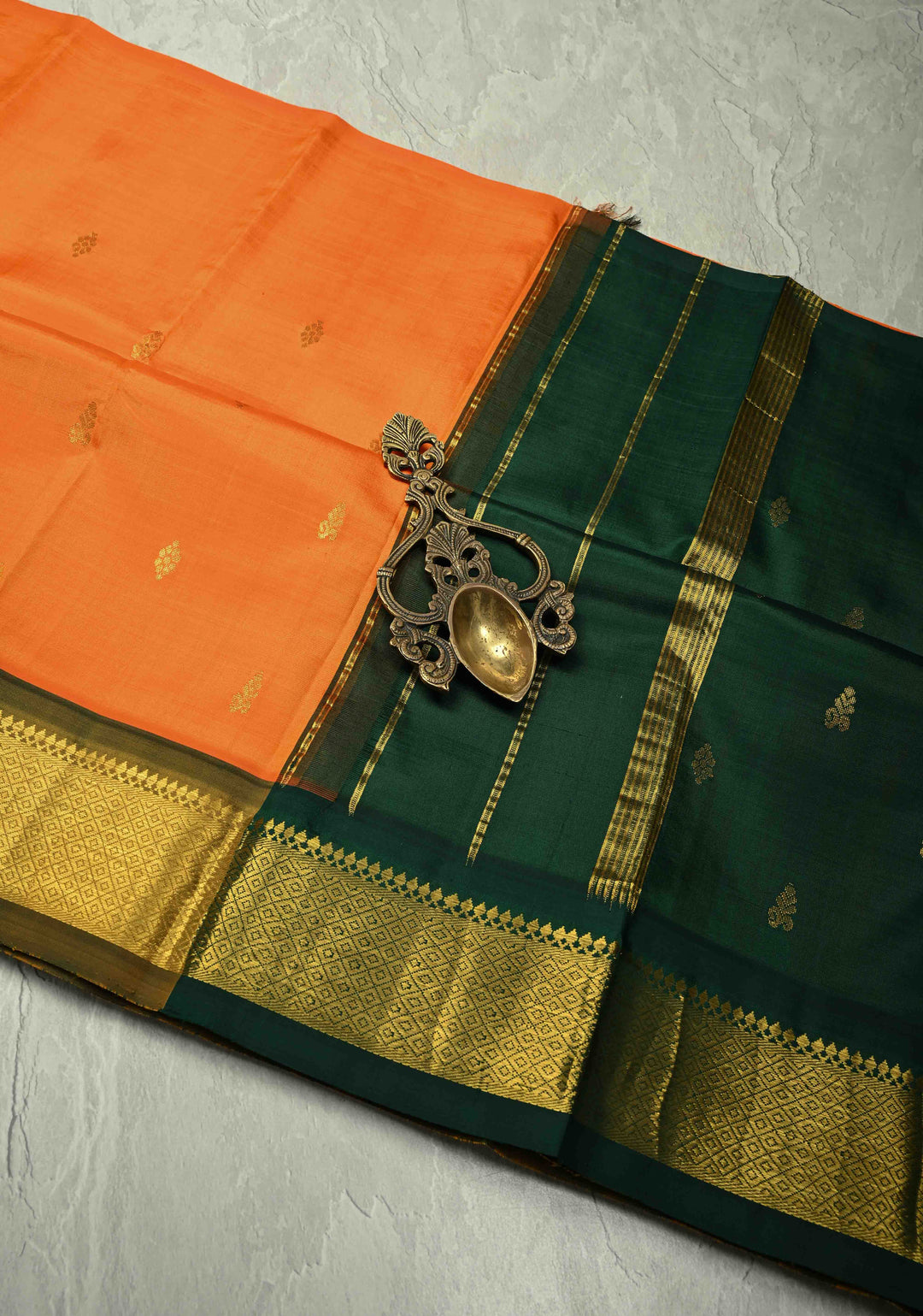 Orange Dual Tone Pure Kanjivaram Silk Saree Mambazham with Zari Buttas and Zari Border | SILK MARK CERTIFIED