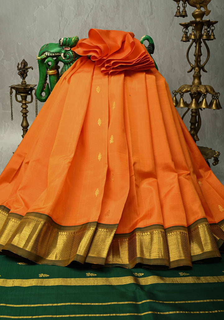 Orange Dual Tone Pure Kanjivaram Silk Saree Mambazham with Zari Buttas and Zari Border | SILK MARK CERTIFIED