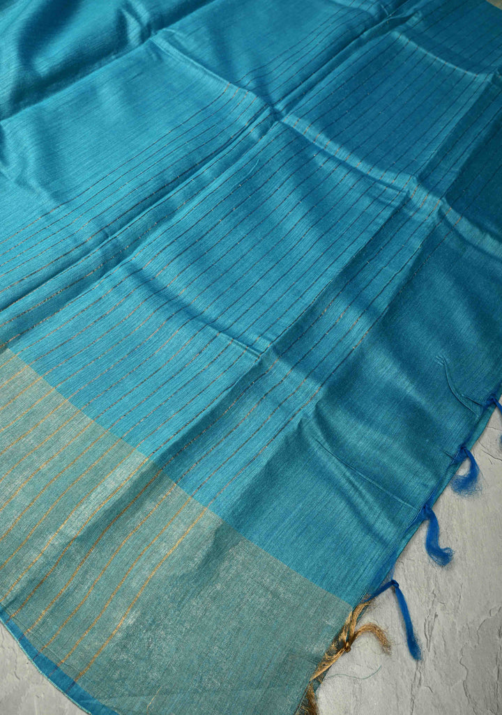 Cyan Blue Bhagalpur Tussar Handwoven Silk Saree with Muted Zari Border | SILK MARK CERTIFIED