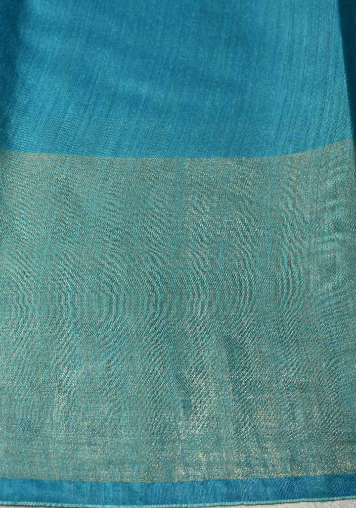 Cyan Blue Bhagalpur Tussar Handwoven Silk Saree with Muted Zari Border | SILK MARK CERTIFIED
