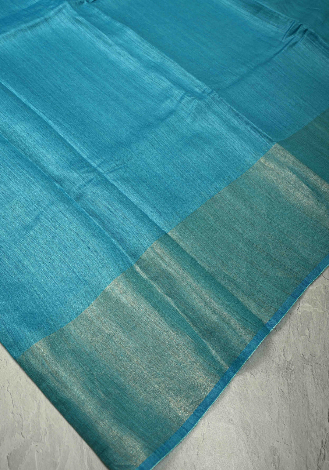 Cyan Blue Bhagalpur Tussar Handwoven Silk Saree with Muted Zari Border | SILK MARK CERTIFIED