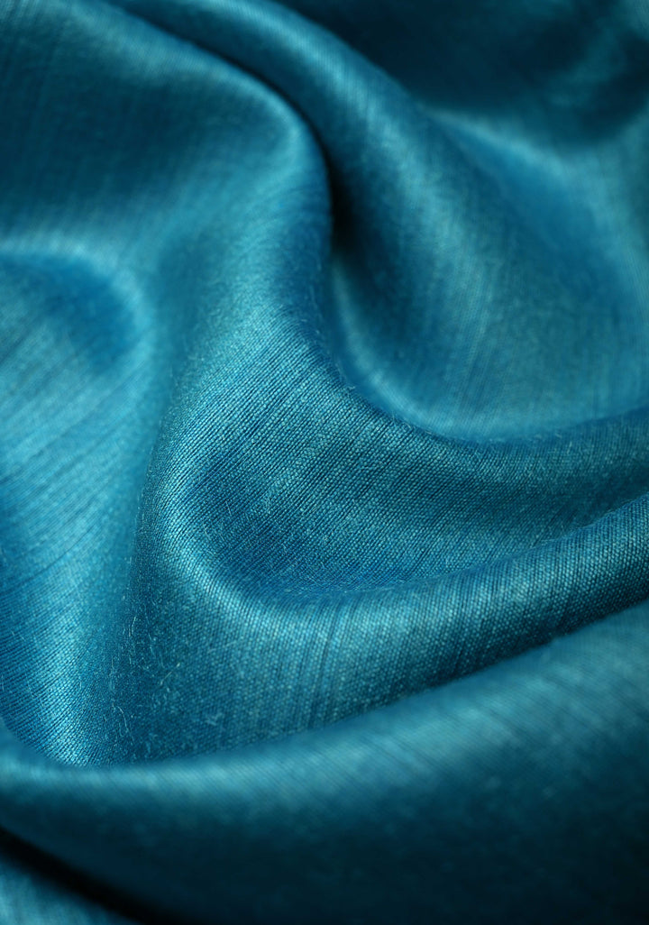 Cyan Blue Bhagalpur Tussar Handwoven Silk Saree with Muted Zari Border | SILK MARK CERTIFIED