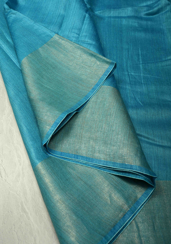 Cyan Blue Bhagalpur Tussar Handwoven Silk Saree with Muted Zari Border | SILK MARK CERTIFIED