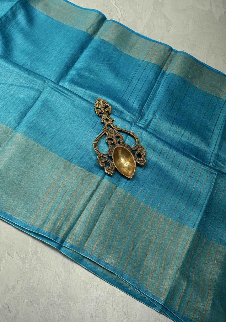 Cyan Blue Bhagalpur Tussar Handwoven Silk Saree with Muted Zari Border | SILK MARK CERTIFIED