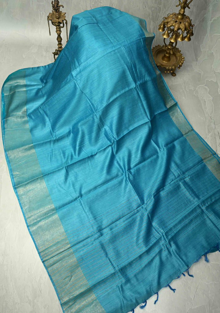 Cyan Blue Bhagalpur Tussar Handwoven Silk Saree with Muted Zari Border | SILK MARK CERTIFIED