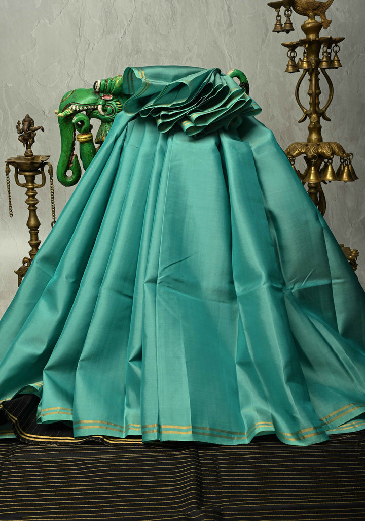 Caribbean green Kanjivaram Soft Silk Handloom Saree with Minimal Zari Border and Black Pallu | SILK MARK CERTIFIED