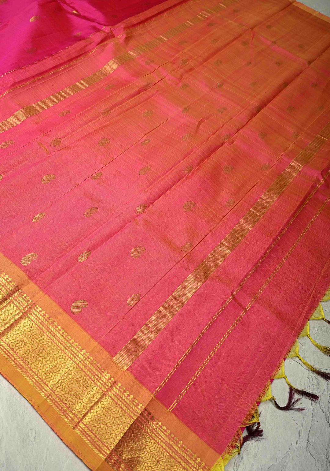 Rani pink Pure Kanjivaram Silk Saree Pavizham with Zari Buttas and yellow Zari Border| SILK MARK CERTIFIED