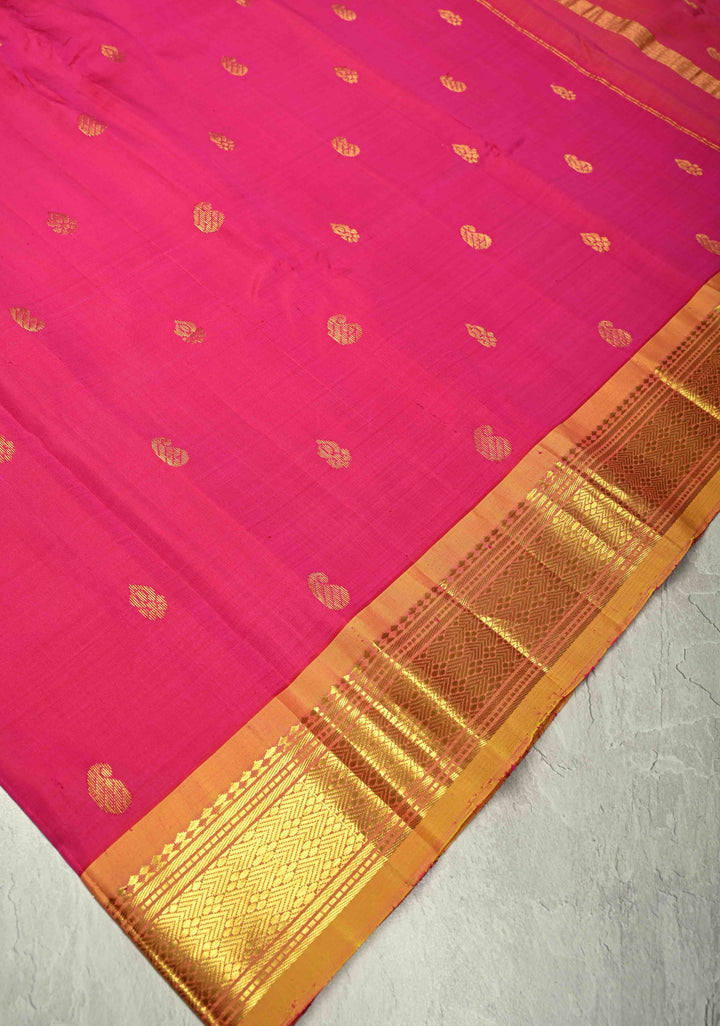 Rani pink Pure Kanjivaram Silk Saree Pavizham with Zari Buttas and yellow Zari Border| SILK MARK CERTIFIED