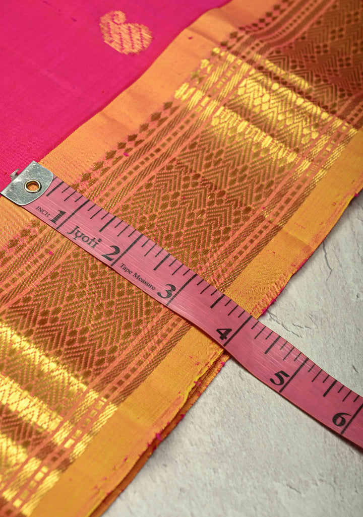 Rani pink Pure Kanjivaram Silk Saree Pavizham with Zari Buttas and yellow Zari Border| SILK MARK CERTIFIED